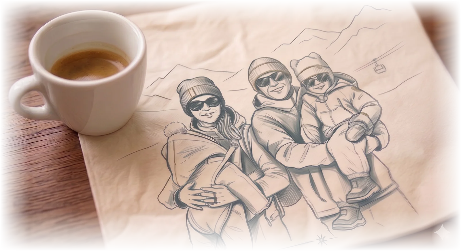 Sketch illustration of a family of three in winter clothing, beside an espresso cup on a wooden table