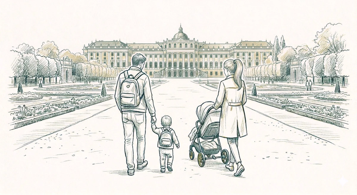 Illustration of a family walking through the Schönbrunn Palace gardens